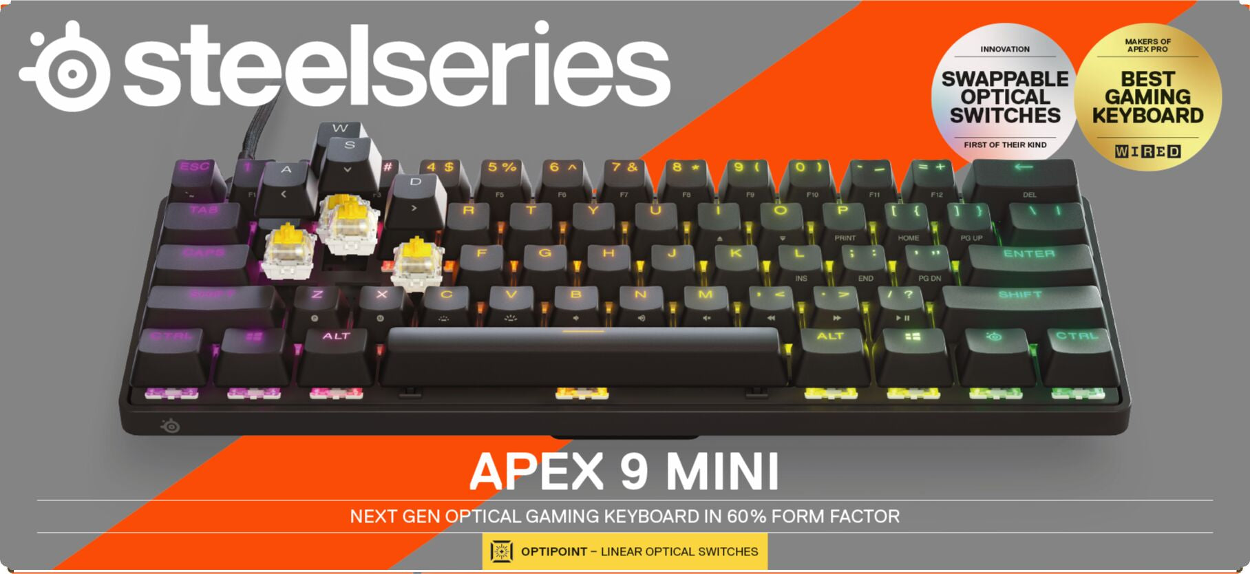- Apex 9 Mini Gaming Keyboard 60% Wired Optipoint Adjustable Actuation Switch with RGB Lighting - Black