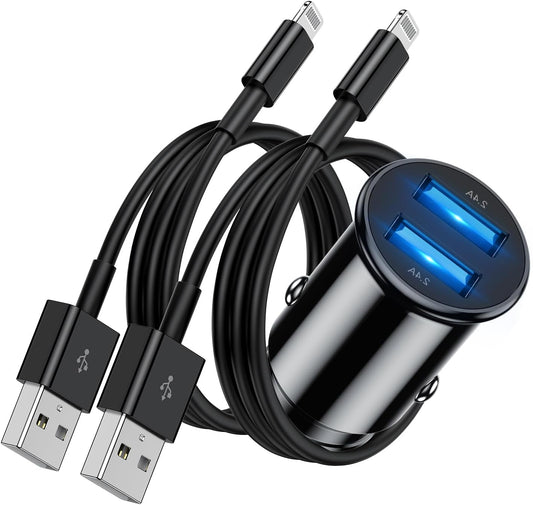 Iphone Car Charger Apple Certified, USB a Fast Car Charging Cable for Iphone 14 Pro Max/14/13 Pro/13/12 Mini/11 Pro/Xs/X/8 Plus/7/6/5S/Se, Dual Port USB Adapter Cigarette Lighter and Lightning Cord